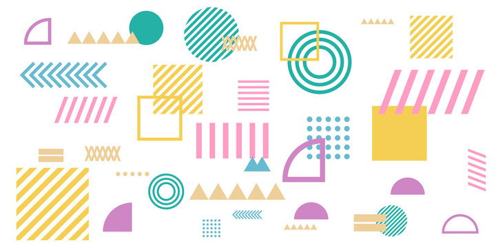 Memphis simple colorful yellow green pink abstract circle line rectangle box arrow cross mountain river pie egypt basic shape background for shirt. Suit for pattern and presentation background.