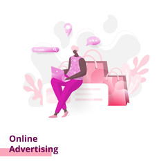 Landing page Online Advertising, the concept of a man sitting while using a laptop, can be used for landing pages, web, UI, banners, templates, backgrounds, flayer, posters.