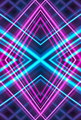 Obraz premium Dark background, blue and pink neon lines. Symmetric reflection of geometric shapes. Rays and lines, abstract light.