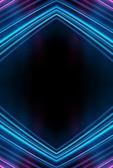 Fototapeta premium Dark background, blue and pink neon lines. Symmetric reflection of geometric shapes. Rays and lines, abstract light.