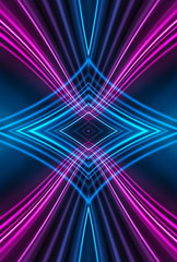 Dark background, blue and pink neon lines. Symmetric reflection of geometric shapes. Rays and lines, abstract light.