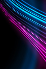 Dark background, blue and pink neon lines. Symmetric reflection of geometric shapes. Rays and lines, abstract light.