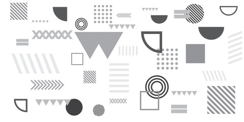 Memphis simple black white greyscale abstract circle line rectangle box arrow cross mountain river pie egypt basic shape background for shirt. Suit for pattern and presentation background.