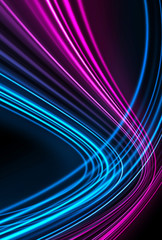 Dark background, blue and pink neon lines. Symmetric reflection of geometric shapes. Rays and lines, abstract light.