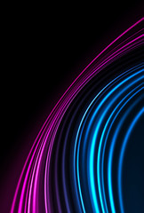 Dark background, blue and pink neon lines. Symmetric reflection of geometric shapes. Rays and lines, abstract light.