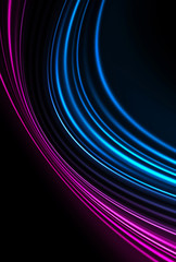 Dark background, blue and pink neon lines. Symmetric reflection of geometric shapes. Rays and lines, abstract light.