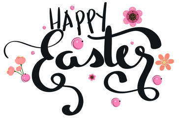 Happy Easter text vector with flowers. Illustration Easter handwritten