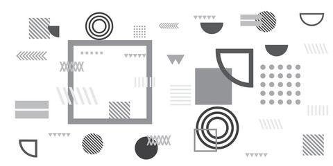 Memphis simple black white greyscale abstract circle line rectangle box arrow cross mountain river pie egypt basic shape background for shirt. Suit for pattern and presentation background.