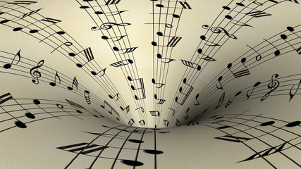 Music notes come out of the hole on old paper background