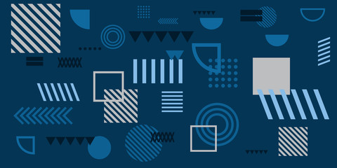 Memphis simple blue abstract circle line rectangle box arrow cross mountain river pie egypt basic shape background for shirt. Suit for pattern and presentation background.