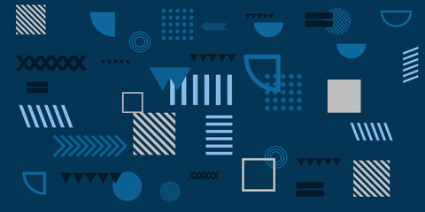 Memphis simple blue abstract circle line rectangle box arrow cross mountain river pie egypt basic shape background for shirt. Suit for pattern and presentation background.