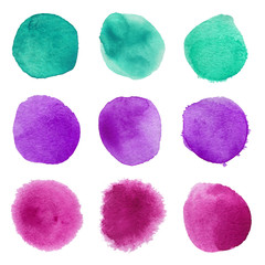 Watercolor circles isolated on white background. Bright color illustration set.