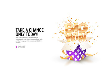 Open textured violet box with confetti explosion inside and big win gold word on white background. Gambling vector banner. Jackpot illustration template - obrazy, fototapety, plakaty