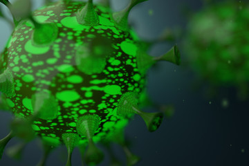  Coronavirus or Virus group of goo green cells through a Microscopic view floating in fluid 3D illustration
