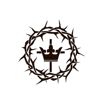 black crown of thorns, royalty crown and cross icon isolated on white background 