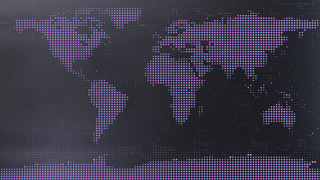 3d render of the world map with colorful spheres on the black background.