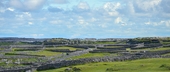 Irish farmland with stone walls under a cloudy sky.