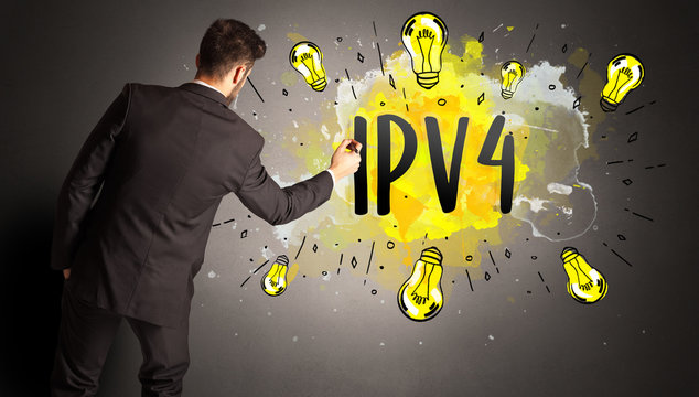 businessman drawing colorful light bulb with IPV4 abbreviation, new technology idea concept