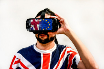 BREXIT conceptual image - Man with 4K Glasses watching United Kingdom exit from the European Union