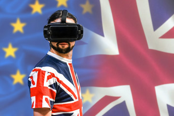 Obraz premium BREXIT conceptual image - Man with 4K Glasses watching United Kingdom exit from the European Union