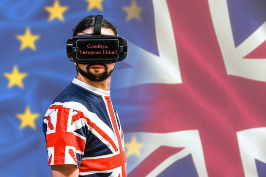 BREXIT conceptual image - Man with 4K Glasses watching United Kingdom exit from the European Union