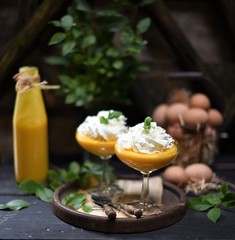 Obraz na płótnie Canvas Homemade Egg Liqueur on dark vintage wooden background.