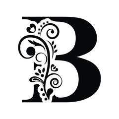 letter B. Vintage black flower ornament initial letters.  Alphabet. Logo vector 
