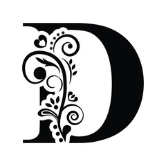 letter D. Vintage black flower ornament initial letters.  Alphabet. Logo vector 