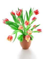 Bunch of tulips isolated on white background. Beautiful red and yellow bouquet of stripy tulip flowers in rustic ceramic vase. Great design for any purposes. Beautiful Springtime floral arrangement.