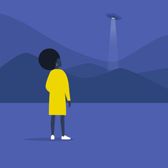 Obraz premium Young black female character looking at the ufo spaceship, scientific fantasy