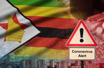 Zimbabwe flag and Coronavirus 2019-nCoV alert sign. Concept of high probability of novel...