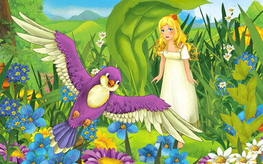 Plakat cartoon scene with young beautiful tiny girl in the forest with a wild bird - illustration