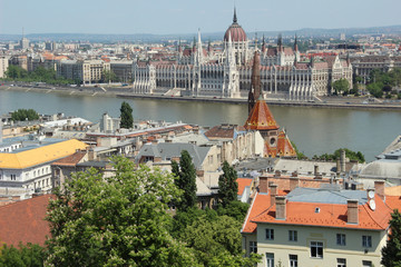 Hungarian Parliament in the Pest side of the city and the Danube river. Landscape view in the morning from the roofs of the buildings of the Buda side. Budapest, Hungary.