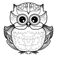 Child owl cartoon bird character line sketch. Hand drawn vector illustration for t-shirt print design, coloring book, greeting card. Isolated on white