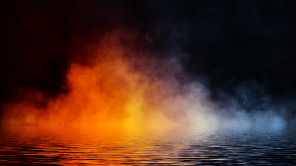 Fototapeta na wymiar Paranormal mystic blue and orange smoke on the floor. Fog isolated on black background. Stock illustration.