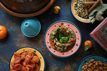 Light salad of Oriental cuisine made from vegetables, herbs, cereals, dressed with lemon juice and olive oil
