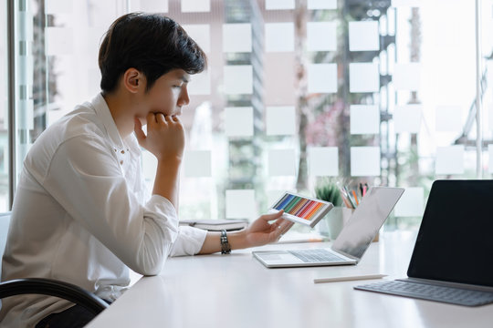 Creative designer choosing color samples to design ideas, creative designs, graphic designers.