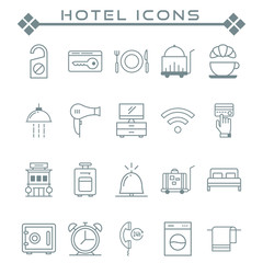 Set of Hotel Related Vector Line Icons. Contains such Icons as One Large and Two Separate Beds, Air Conditioning, Wi-Fi and more