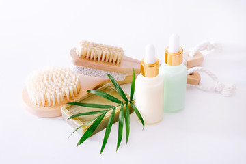 Bath accessories on white background, close up