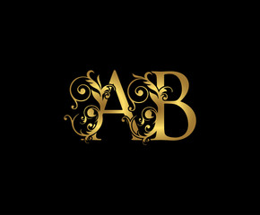 Luxury  letter A, B and AB  Vintage Gold Floral Logo Icon, overlapping monogram logo, elegant luxury gold color on black background. Classy Letter Logo Icon.