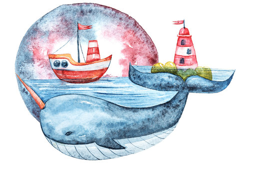 Watercolor hand painted cartoon sea character. Cute lovely fantasy whale. Perfect for print, pattern, textile design, fabric, poster, travel blog, valentines day card