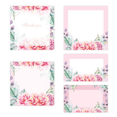 Botanical wedding invitation card template design, graphic hand painted magnolia flower and leaves on pink background, vintage style. Wedding invitation templates. Banners decoration, romantic objects