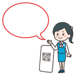 QRコード決済　紹介する女性店員　イラスト