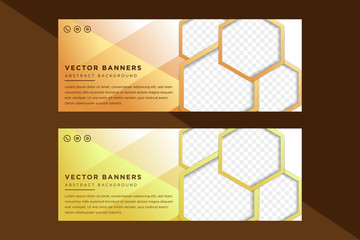 Horizontal set of vector banners. Background. Web banners card, vip, certificate, gift, voucher. Modern business stylish design. hexagon space for photo collage with gradient brown and yellow