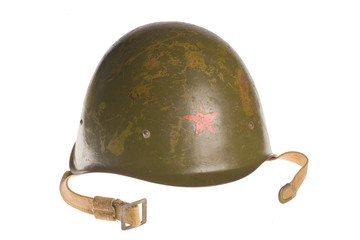 Russian army green helmet with red star on a white background