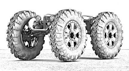 Vintage steampunk car drawing, old 1900s car with giant wheels as a monster truck, extreme tuning, 3d illustration, 3d rendering © LaCozza