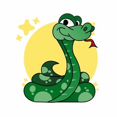Illustration of Green Snake Smiled Cartoon, Cute Funny Character, Flat Design