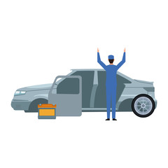 Car mechanic standing and car body and battery, colorful design