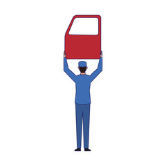 car mechanic holding up a car door