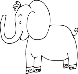 Funny cartoon baby elephant. Black and white vector illustration for coloring pages